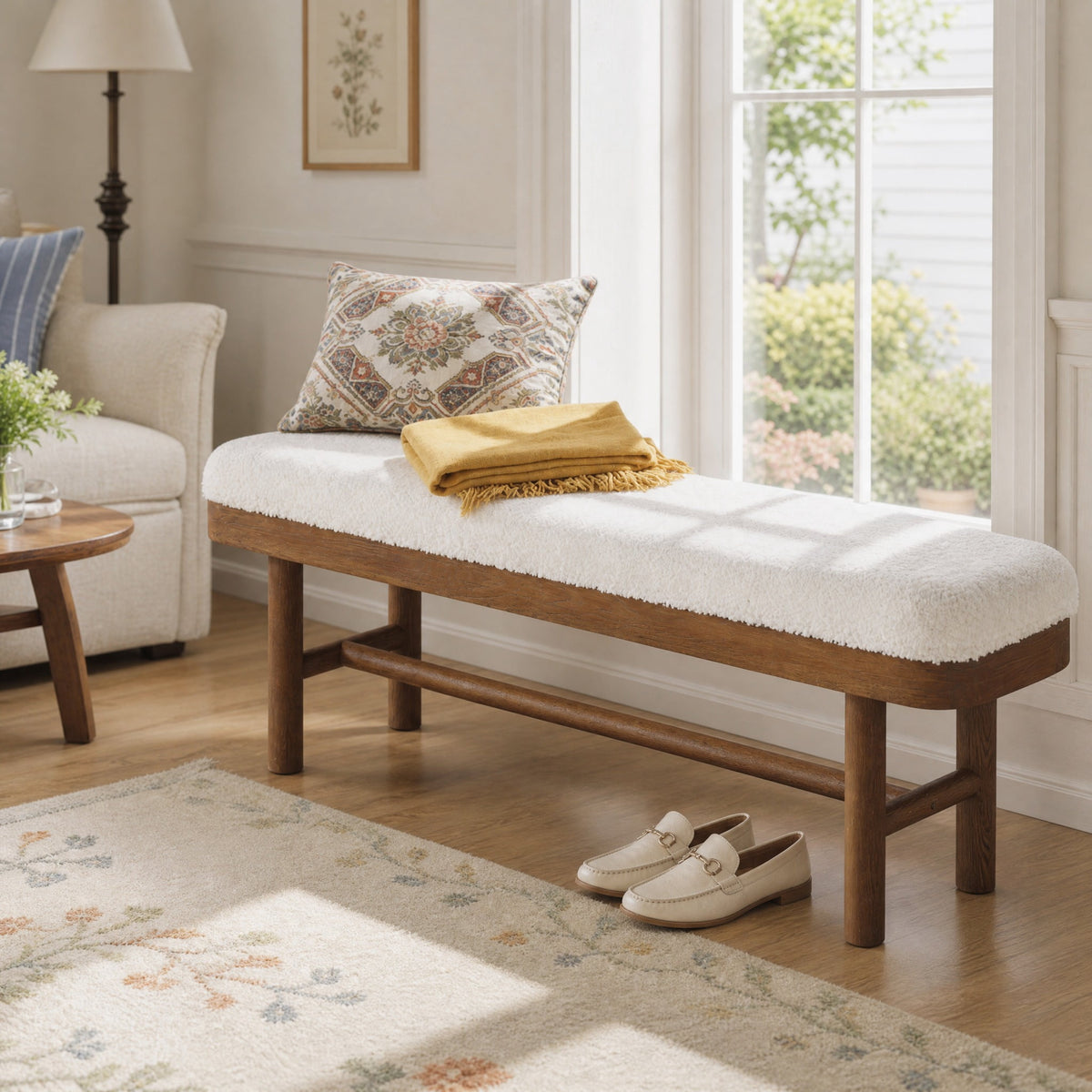 Fnova 55" Upholstered End of Bed Bench, Hallway Shoe Bench with Cushion for Living Room, White & Brown