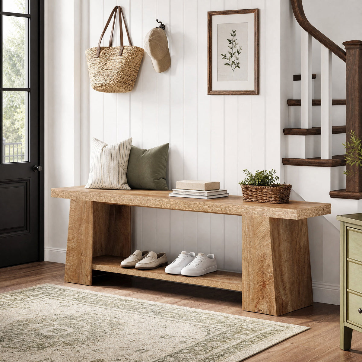 Fnova 59" Extra Long Shoe Bench with Storage Shelves, Wood End of Bed Seat for Entryway, Bedroom, Living Room, Brown