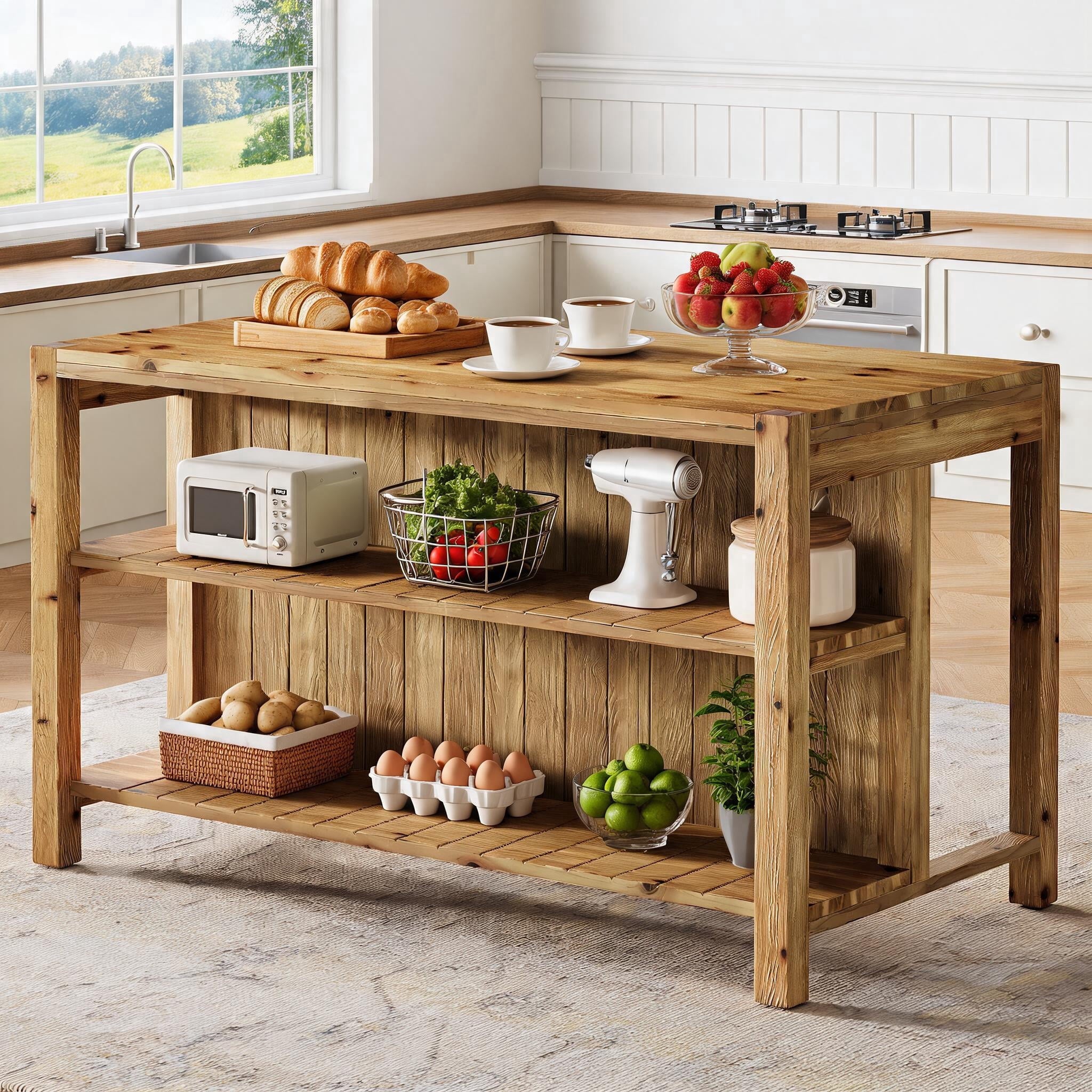 Fnova 59" Farmhouse Solid Wood Kitchen Island With 2 Storage Shelves, 3-Tier Dining Prep Table for Kitchen, Brown