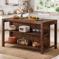 Fnova 59" Farmhouse Solid Wood Kitchen Island With 2 Storage Shelves, 3-Tier Dining Prep Table for Kitchen, Dark Brown
