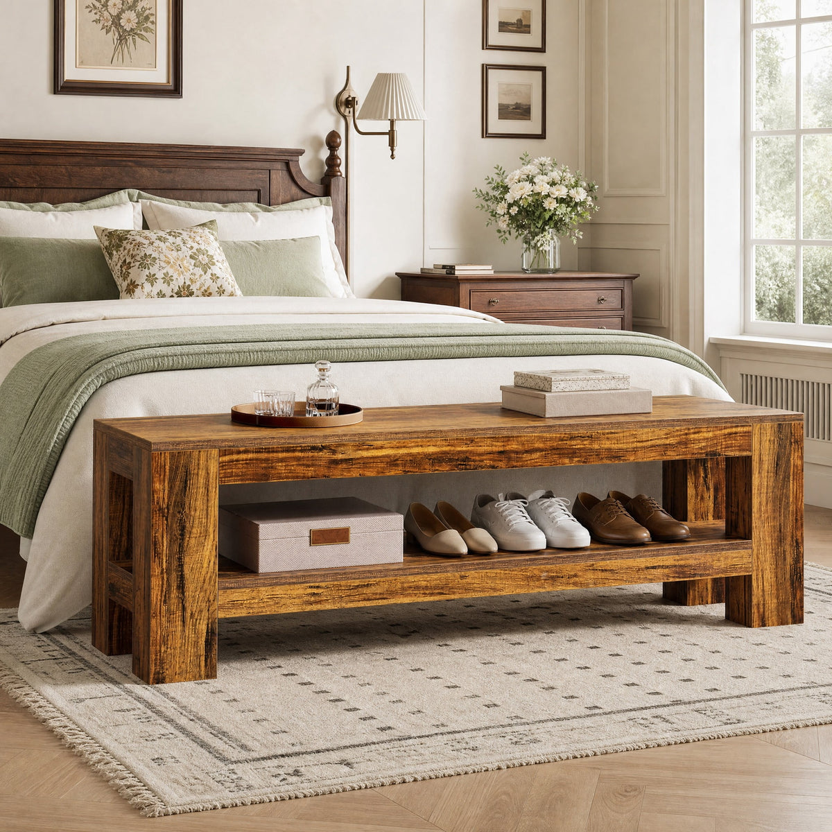 Fnova 59" Farmhouse Wooden Entryway Bench, Console Shoe Bench for Bedroom, Hallway, Brown