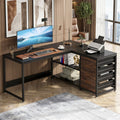Fnova 59" Reversible L-Shaped Writing Desk with Drawers, Corner Desk with Shelves, Office Desk Computer Table Workstation for Home Office, Black