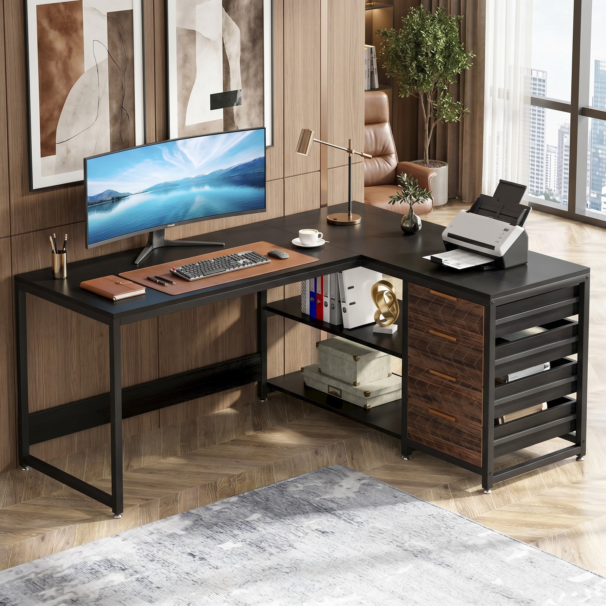 Fnova 59" Reversible L-Shaped Writing Desk with Drawers, Corner Desk with Shelves, Office Desk Computer Table Workstation for Home Office, Black