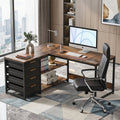 Fnova 59" Reversible L-Shaped Writing Desk with Drawers, Corner Desk with Shelves, Office Desk Computer Table Workstation for Home Office, Brown