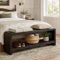 Fnova 59" Solid Wood Entryway Bench with Shoe Storage, Farmhouse Shoe Bench with Open Shelf, Dark Brown