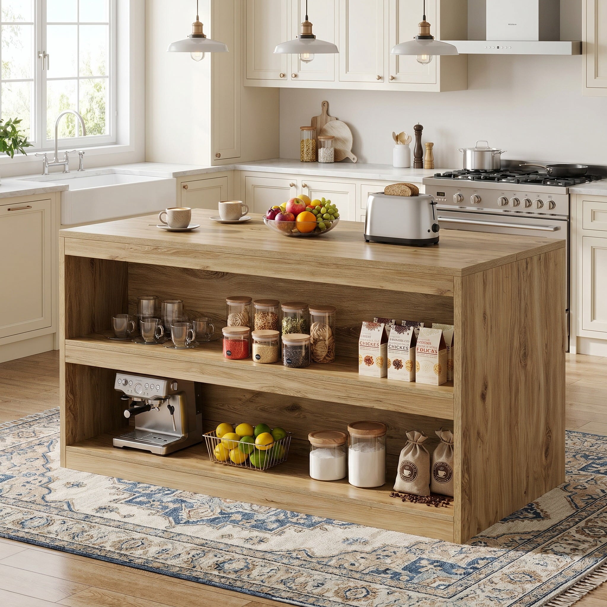 Fnova 59" kitchen Island with Seating Area, 3-Tier Farmhouse Island Table with Storage for Kitchen, Dining Room, Brown