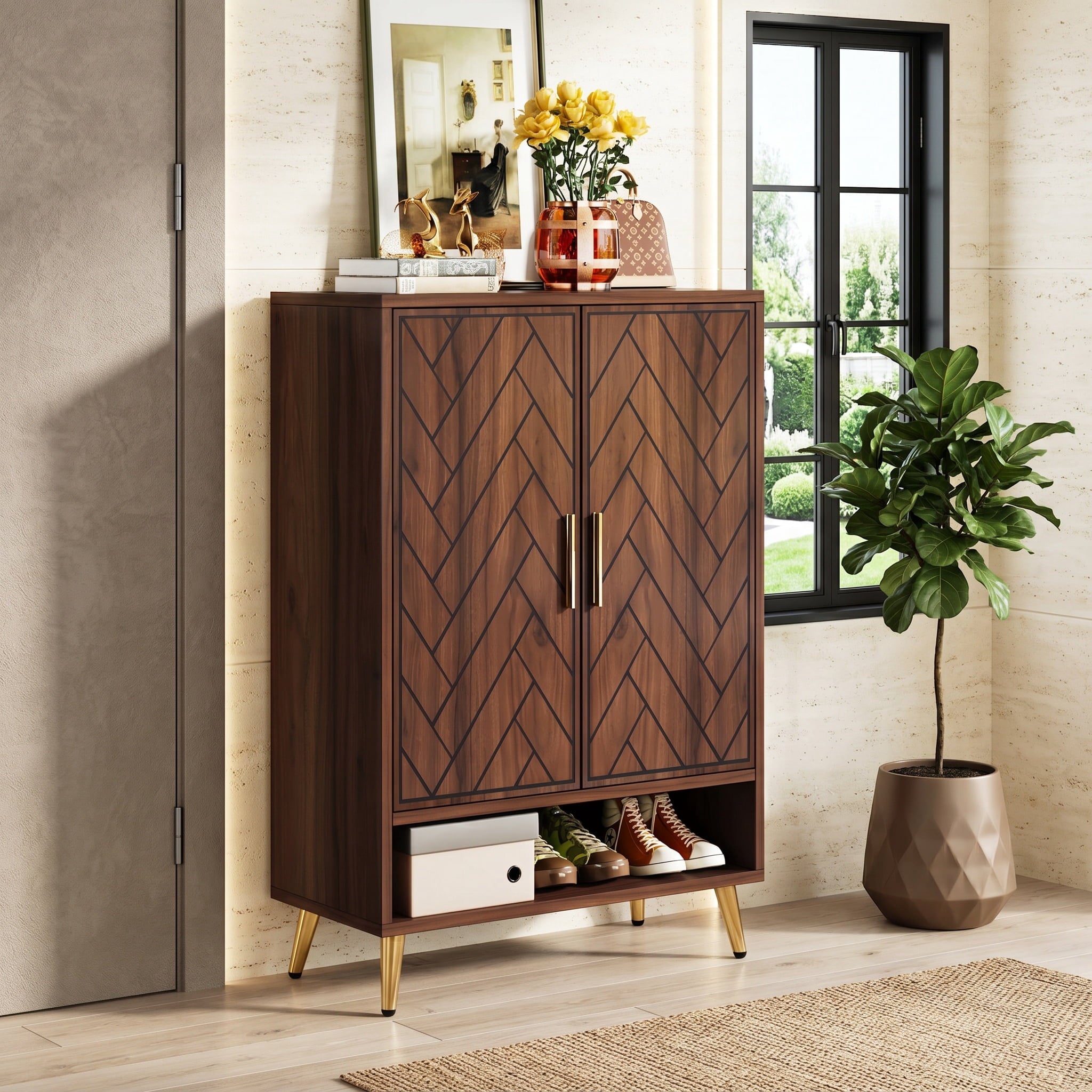 Fnova 6-Tier 24 Pairs Shoe Cabinet with Doors, Wooden Shoe Storage with Adjustable Shelves and Gold Legs for Living Room, Bedroom, Walnut