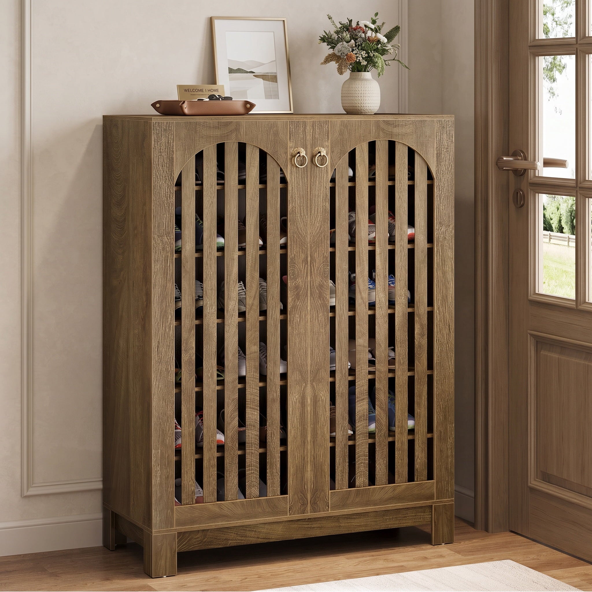Fnova 6-Tier 24 pairs Shoe Cabinet with Louver Doors, Entryway Shoe Rack Organizer with Adjustable Shelves for Living Room, Bedroom, Natural Wood