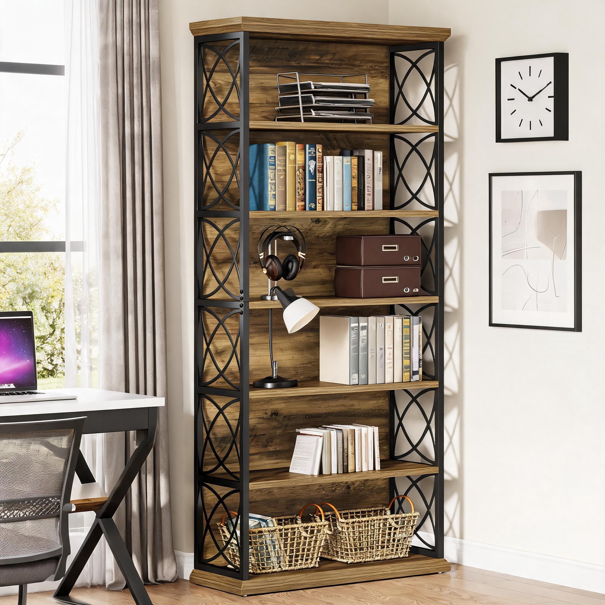 Fnova 6-Tier Bookcase with Storage Shelves & Metal Frame, 72.83'' Tall Industrial Bookshelf for Home Office, Living Room, Brown & Black