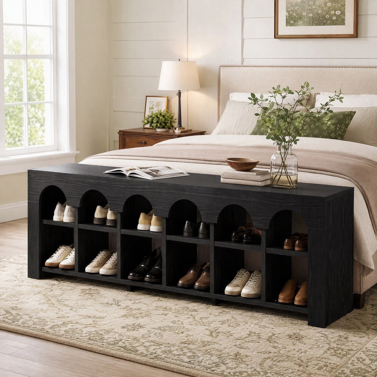Fnova 63" Arched Cubby End of Bed Bench, Farmhouse Entryway Bench with Shoe Storage, Black