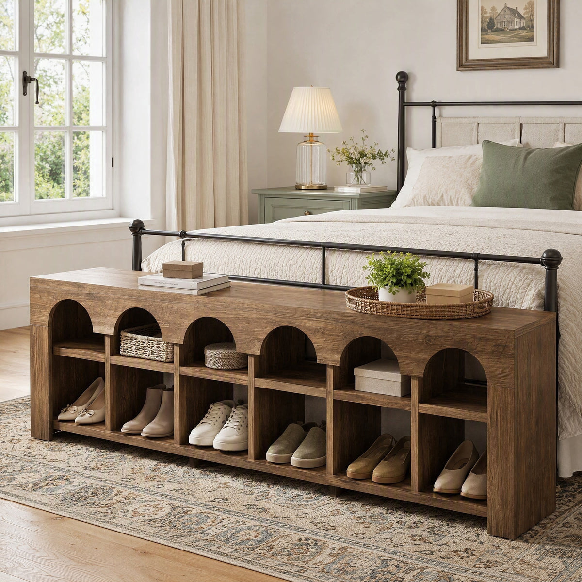 Fnova 63" Arched Cubby End of Bed Bench, Farmhouse Entryway Bench with Shoe Storage, Brown