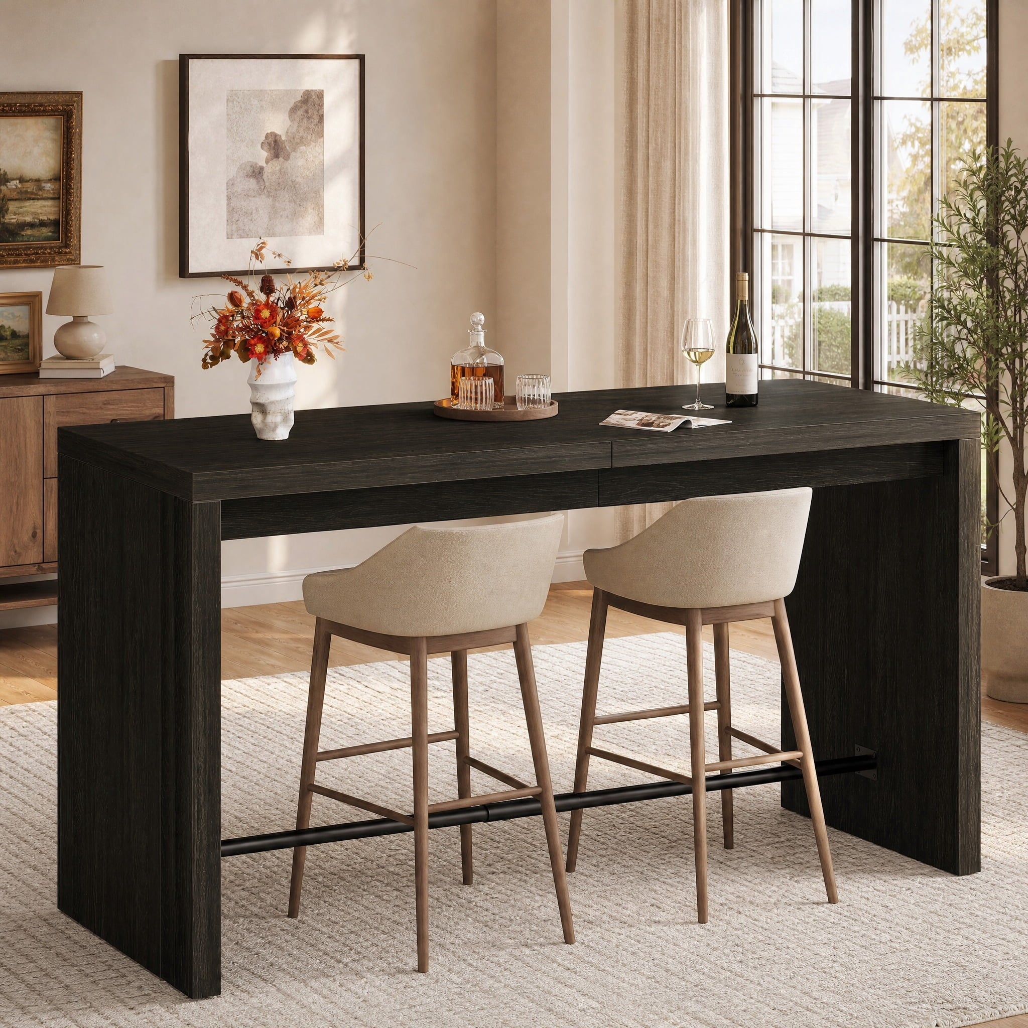 Fnova 63" Bar Table with Metal Footrest, Modern Counter Height Pub Table, Home Bar Unit for Kitchen, Dining Room, Black