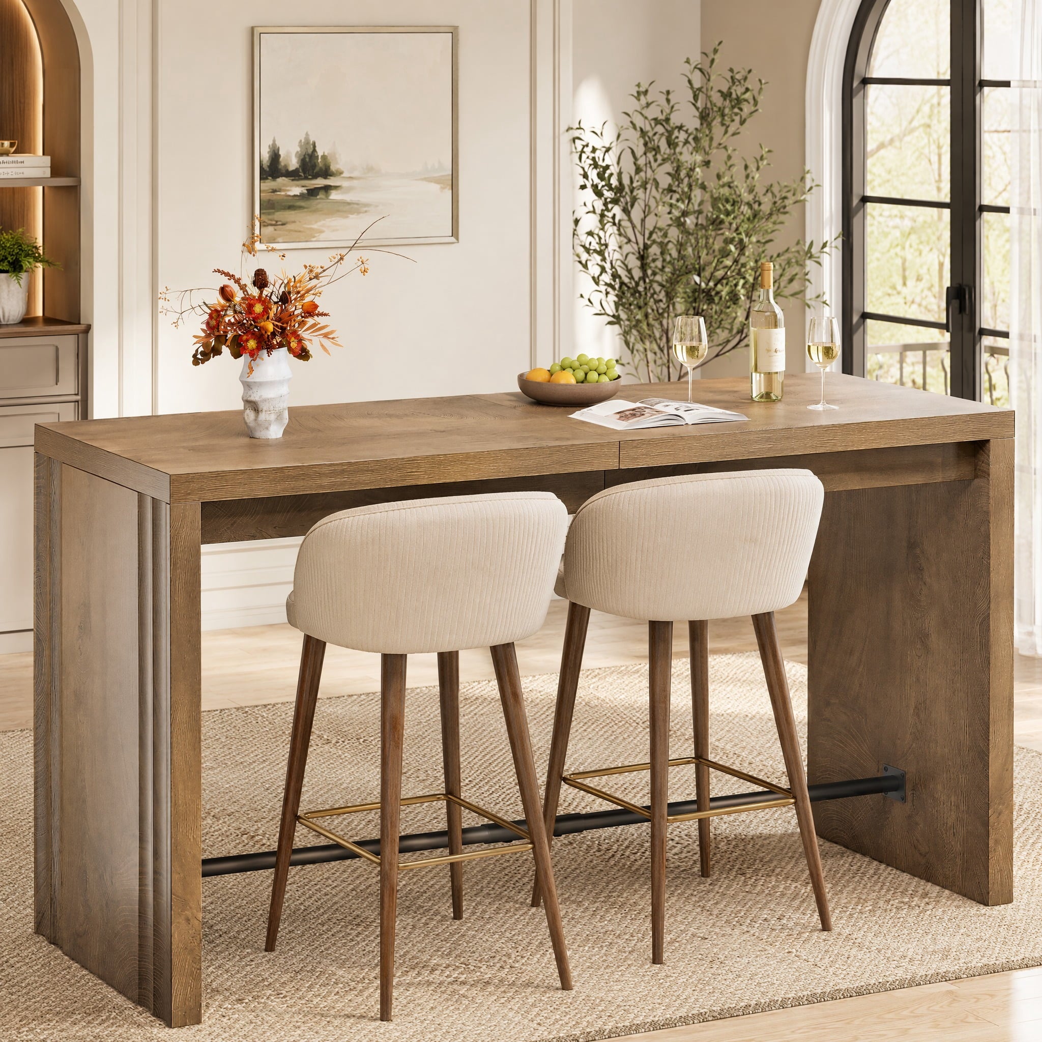 Fnova 63" Bar Table with Metal Footrest, Modern Counter Height Pub Table, Home Bar Unit for Kitchen, Dining Room, Brown