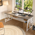 Fnova 63" Computer Desk with Storage Shelf, Study Writing Desk Work Station, Executive Desk with Metal Frame, Grey
