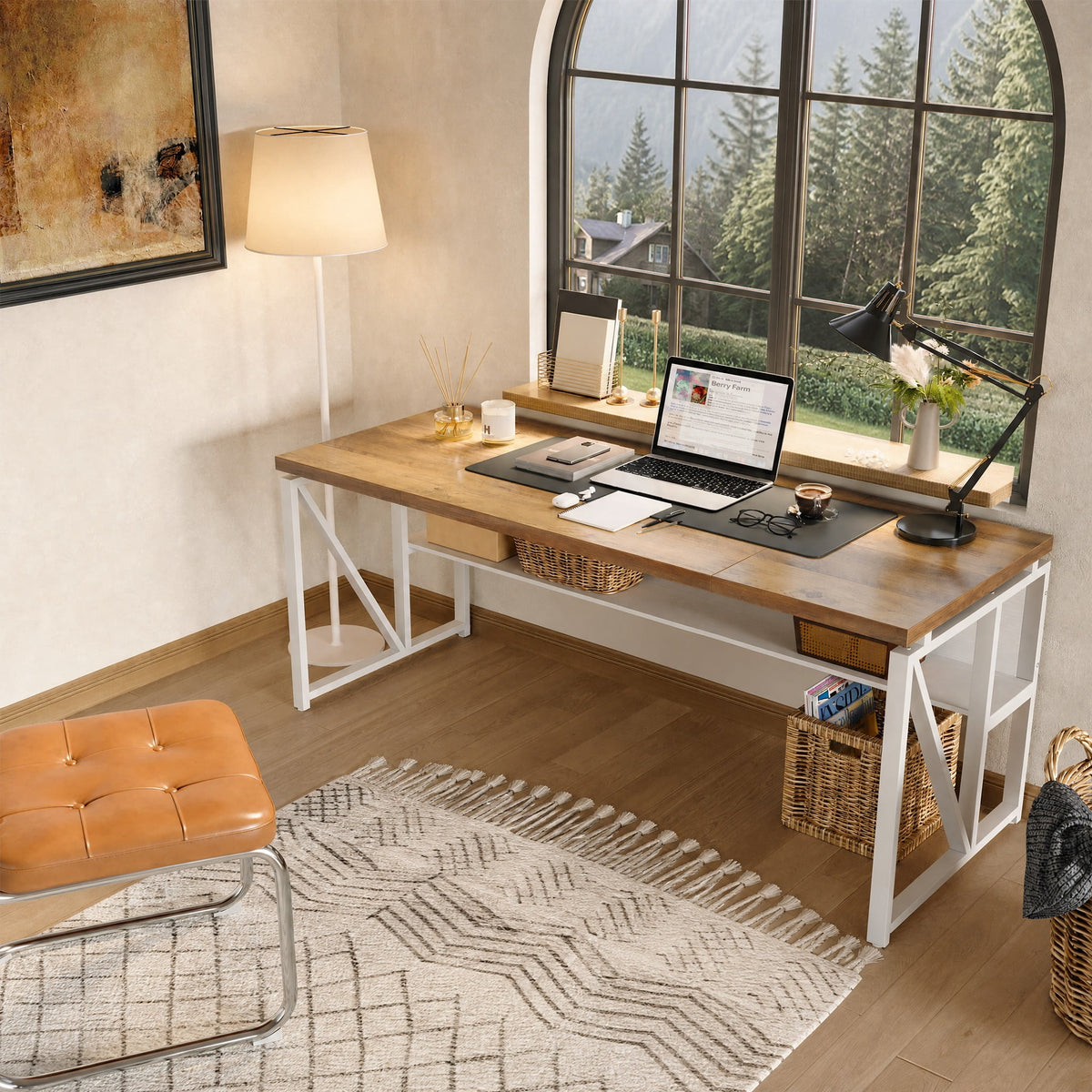 Fnova 63" Computer Desk with Storage Shelf, Study Writing Desk Work Station, Executive Desk with Metal Frame, Rustic Brown