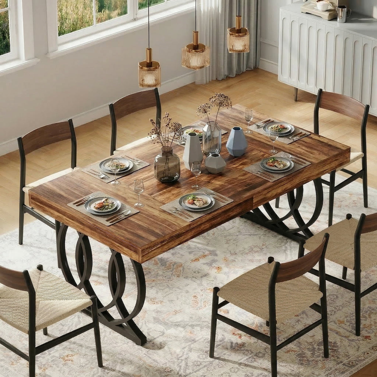 Fnova 63 Dining Table for 4-6 Person, Rectangle Kitchen Table with Faux Marble Tabletop and Geometric Legs for Dining Room, Kitchen, Brown+Black