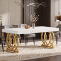 Fnova 63" Modern Dining Table for 4-6, Rectangle Kitchen Table with Faux Marble Tabletop and Geometric Legs for Dining Room, Kitchen, White+Gold