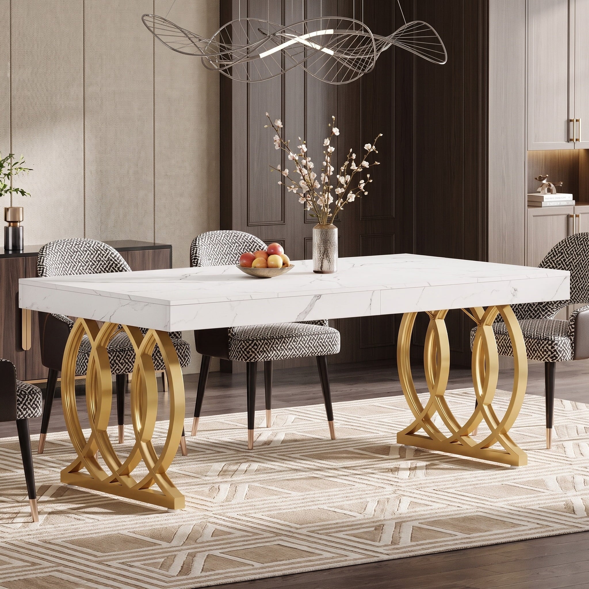 Fnova 63" Modern Dining Table for 4-6, Rectangle Kitchen Table with Faux Marble Tabletop and Geometric Legs for Dining Room, Kitchen, White+Gold