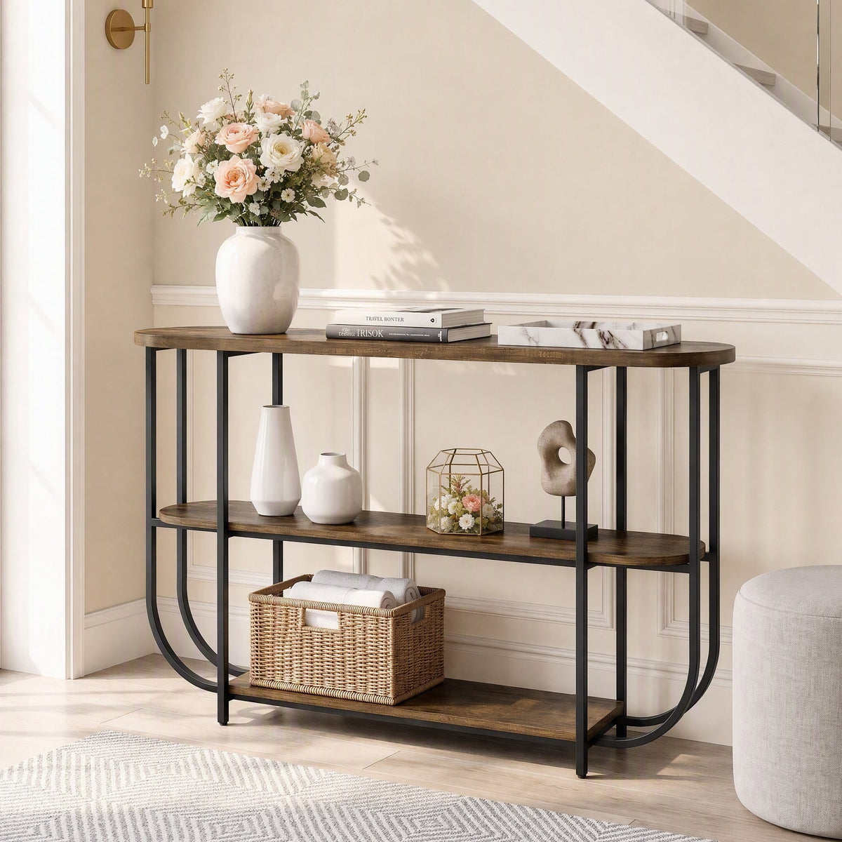 Fnova 63" Entryway Table, 3-Tier Narrow Console Table with Curved Metal Frame, Modern Vintage Sofa Table for Entrance, Living Room & Hallway, Rustic Brown