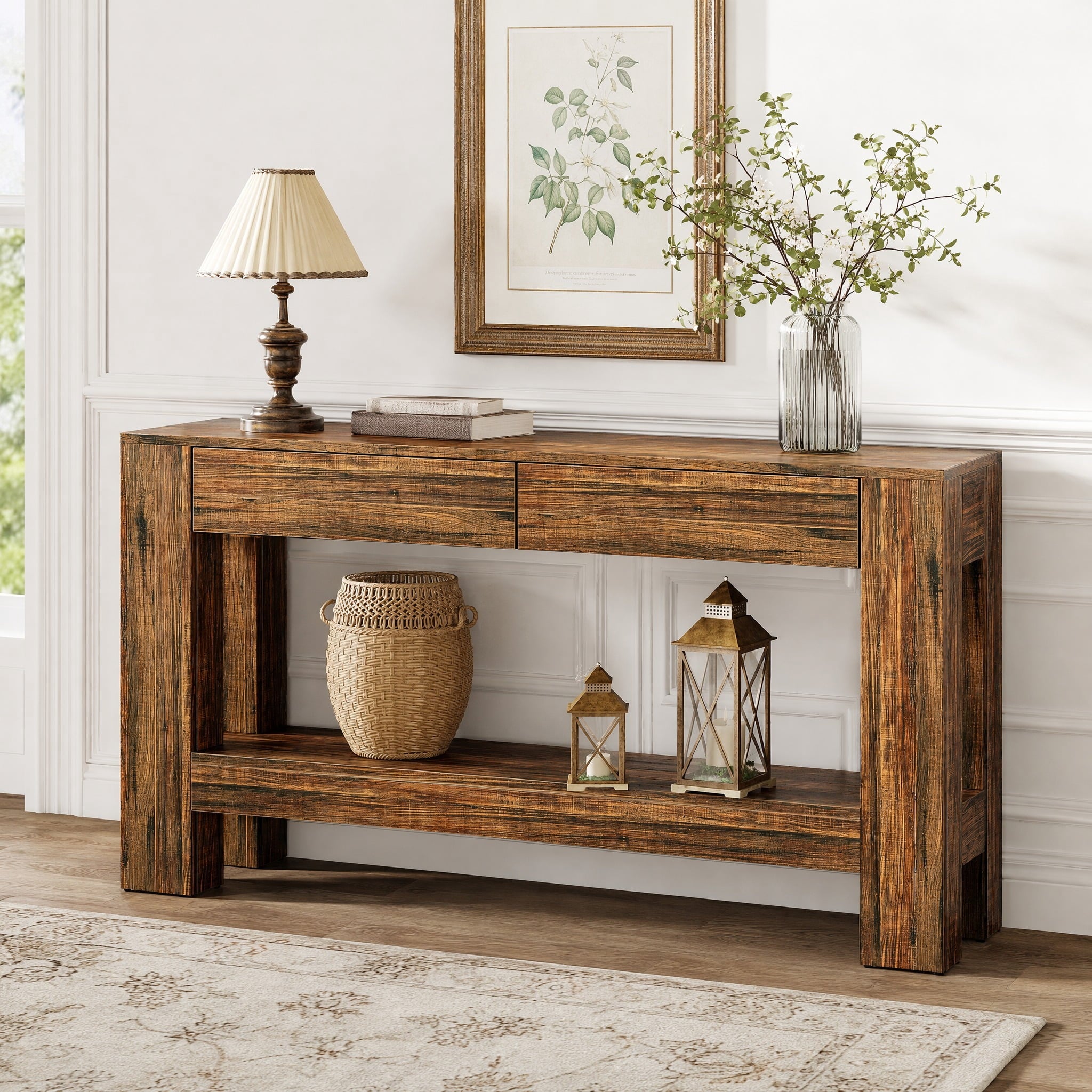 Fnova 63" Farmhouse Console Table with 2 Drawers, Long Sofa Table Behind Couch with Open Shelf, Entryway Table for Living Room, Foyer, Dark Brown