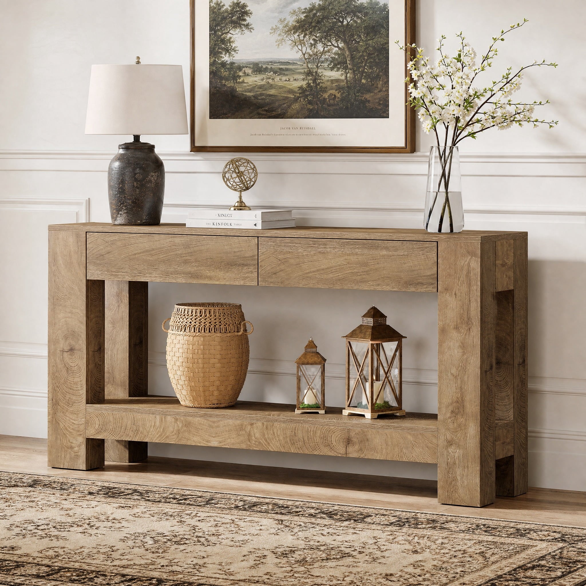 Fnova 63" Farmhouse Console Table with 2 Drawers, Long Sofa Table Behind Couch with Open Shelf, Entryway Table for Living Room, Foyer, Light Brown