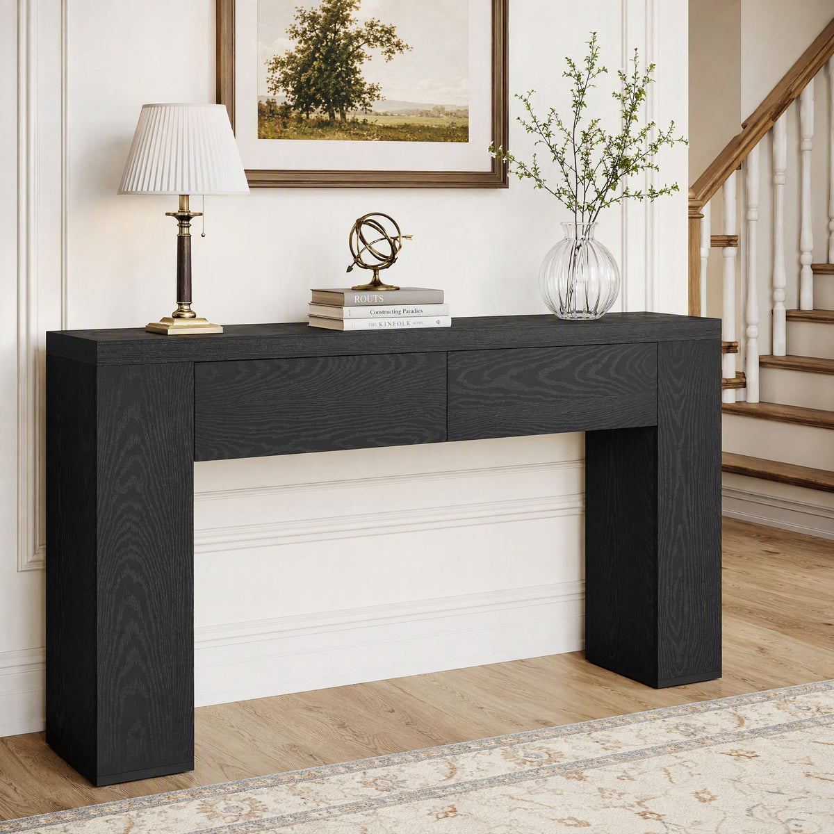 Fnova 63" Farmhouse Console Table with 2 Hidden Drawers, Long Sofa Table for Living Room, Black