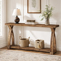 Fnova 63" Farmhouse Solid Wood Console Table, 2-Tier Narrow Entryway Table for Entrance, Hallway, Living Room, Brown