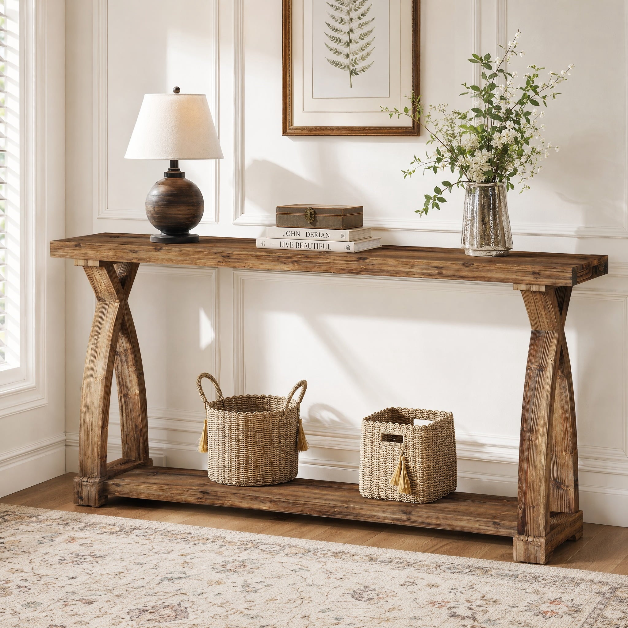Fnova 63" Farmhouse Solid Wood Console Table, 2-Tier Narrow Entryway Table for Entrance, Hallway, Living Room, Brown