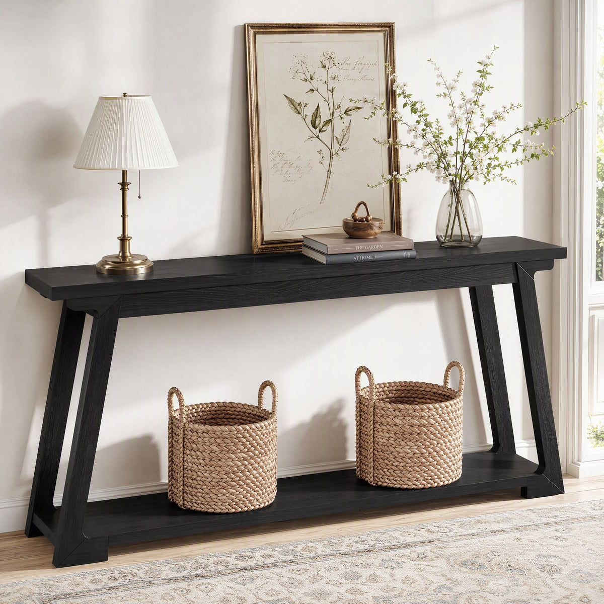 Fnova 63" Farmhouse Solid Wood Console Table, Long Sofa Table Behind Couch with Storage Shelf, Black