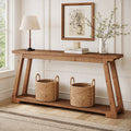 Fnova 63" Farmhouse Solid Wood Console Table, Long Sofa Table Behind Couch with Storage Shelf, Brown