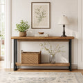 Fnova 63" Farmhouse Solid Wood Console Table with Metal Legs, Long Sofa Table Behind Couch, Brown