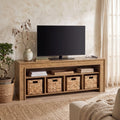 Fnova 63" Farmhouse TV Stand for TVs up to 70 Inch, Entertainment Center with 4 Woven Storage Baskets & Open Shelf, Wooden Media Console Cabinet for Living Room, Light Brown
