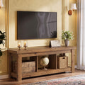 Fnova 63" Farmhouse TV Stand for TVs up to 75 Inch, Solid Wood Entertainment Center with Open Storage Shelves, Rustic Media Console Cabinet for Living Room & Bedroom