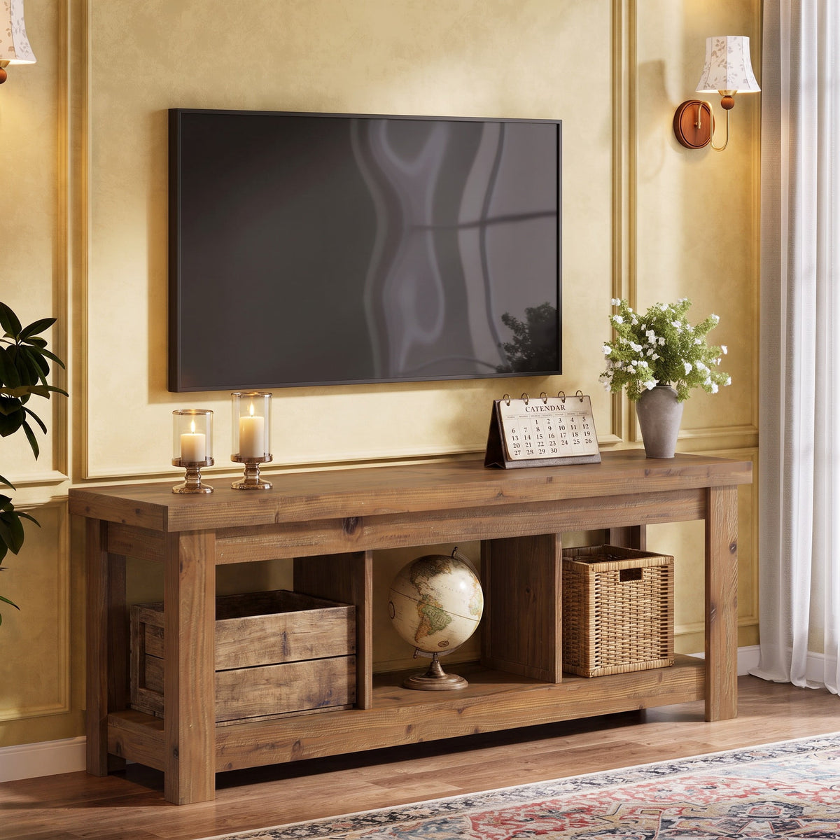 Fnova 63" Farmhouse TV Stand for TVs up to 75 Inch, Solid Wood Entertainment Center with Open Storage Shelves, Rustic Media Console Cabinet for Living Room & Bedroom