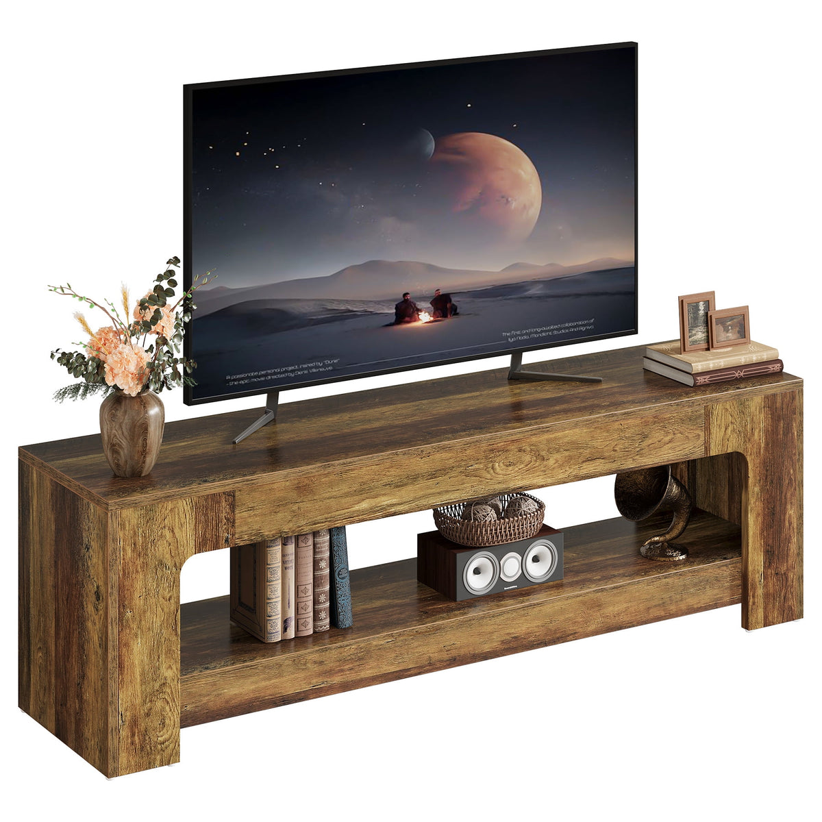 Fnova 63 Inch TV Stand for 55/60/65/75 Inch TVs, Farmhouse Entertainment Center with Storage Shelf, Rustic Brown TV Console for Living Room and Bedroom