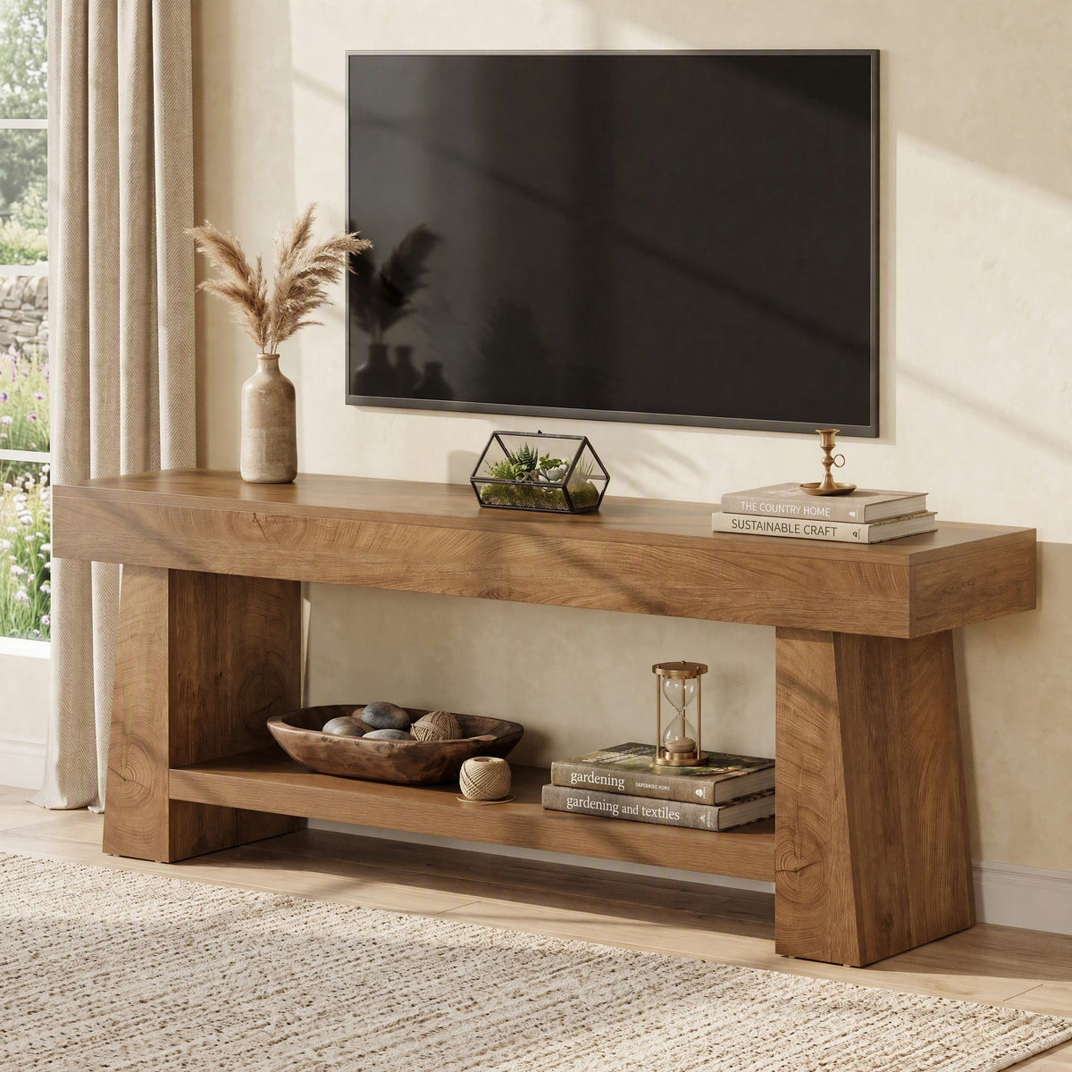 Fnova 63 Inch TV Stand for TVs up to 75", Farmhouse Entertainment Center with 2-Tier Open Storage Shelf, Long Wooden Media Console Table for Living Room, Bedroom, Rustic Brown