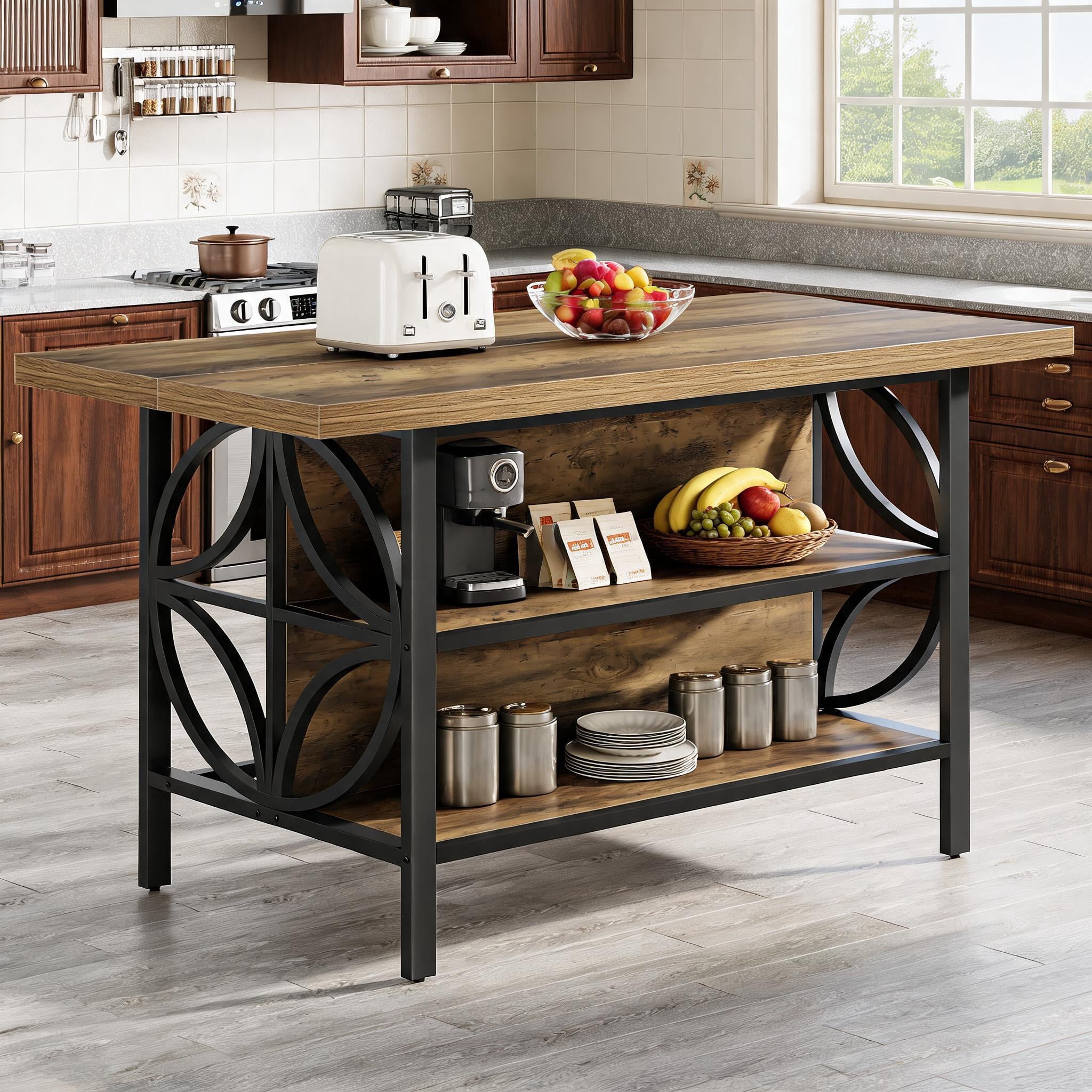 Fnova 63" Industrial Kitchen Island with Storage & Seating Area, Island Dining Table with 2 Shelves and Large Worktop, Easy to Assemble, Black & Brown