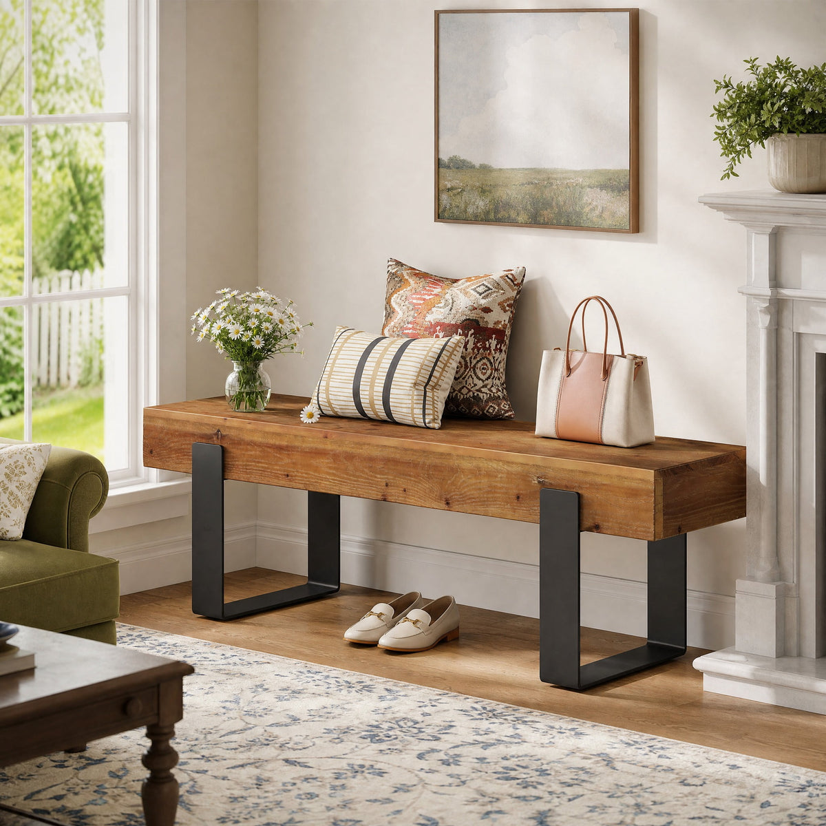 Fnova 63" Industrial Solid Wood Entryway Bench, Long End of Bed Stool with Metal Legs, Easy Assembly, Brown