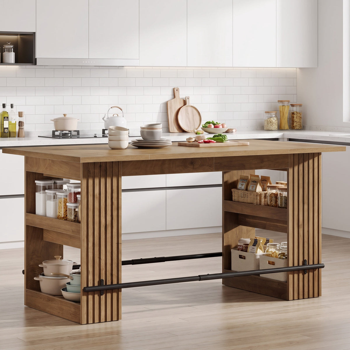 Fnova 63" Kitchen Island with Storage, Farmhouse Stationary Kitchen Island Table with Large Worktop, Side Storage Shelf, Breakfast Bar & Coffee Station for Kitchen, Dining Room, Rustic Brown