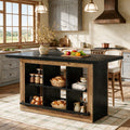 Fnova 63" Kitchen Island with Storage & Seating Area, Farmhouse Island Table with 6-Cubby Open Shelves & Metal Foot Rail, Black