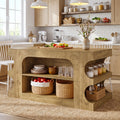 Fnova 63'' Kitchen Island with Storage and Leg Room, Farmhouse Island Table with Large Countertop, 6 Open Storage Shelves, Heavy Duty, Brown