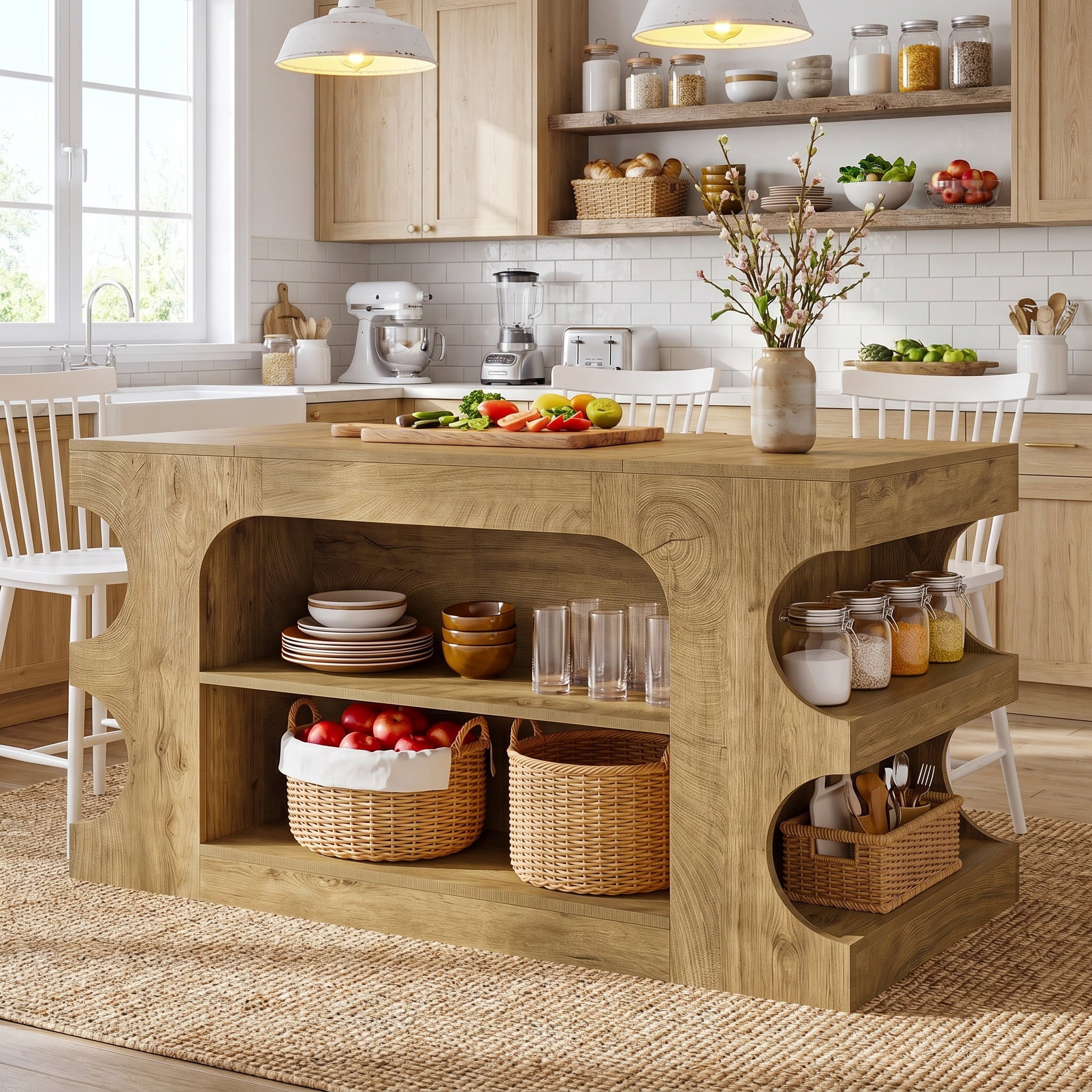 Fnova 63'' Kitchen Island with Storage and Leg Room, Farmhouse Island Table with Large Countertop, 6 Open Storage Shelves, Heavy Duty, Brown