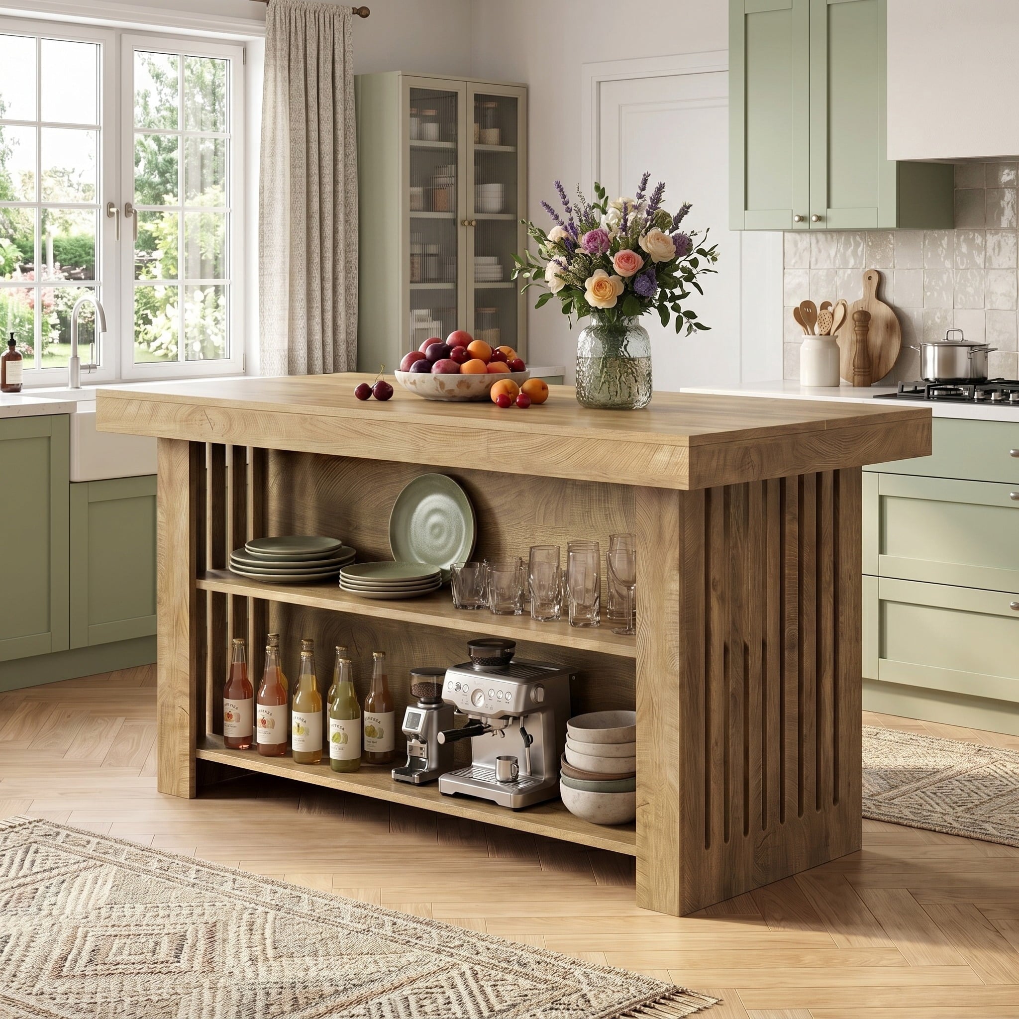 Fnova 63" Large Kitchen Island with Storage, 3-Tier Farmhouse Stationary Island Table with Large Worktop for Dining Room, Brown
