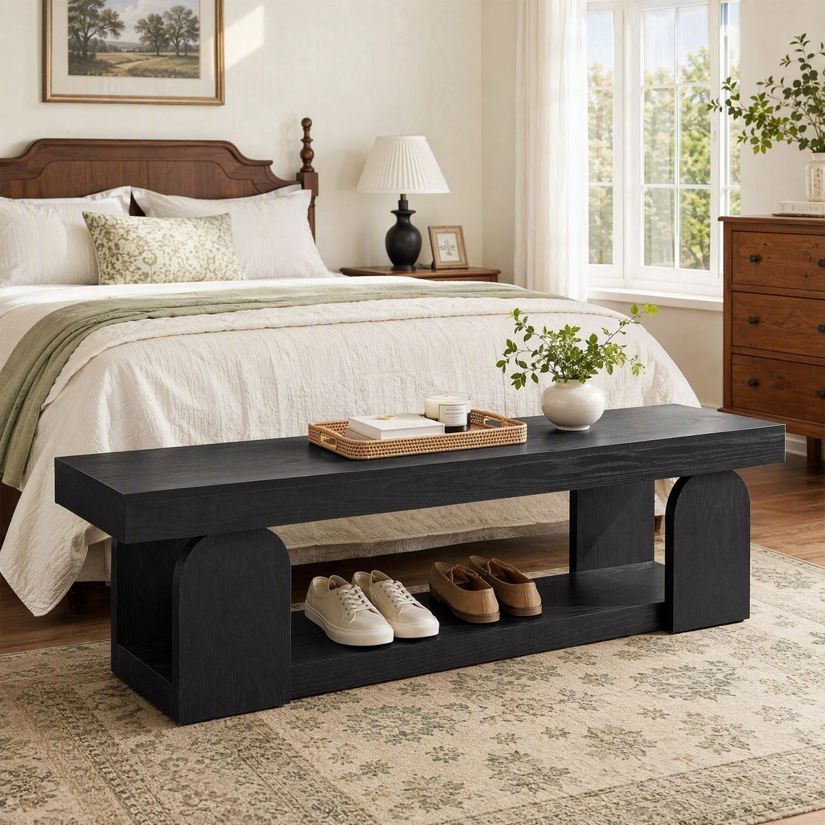 Fnova 63" Long End of Bed Bench with Storage Shelf, Farmhouse Entryway Bench for Bedroom, Hallway, Foyer, Black