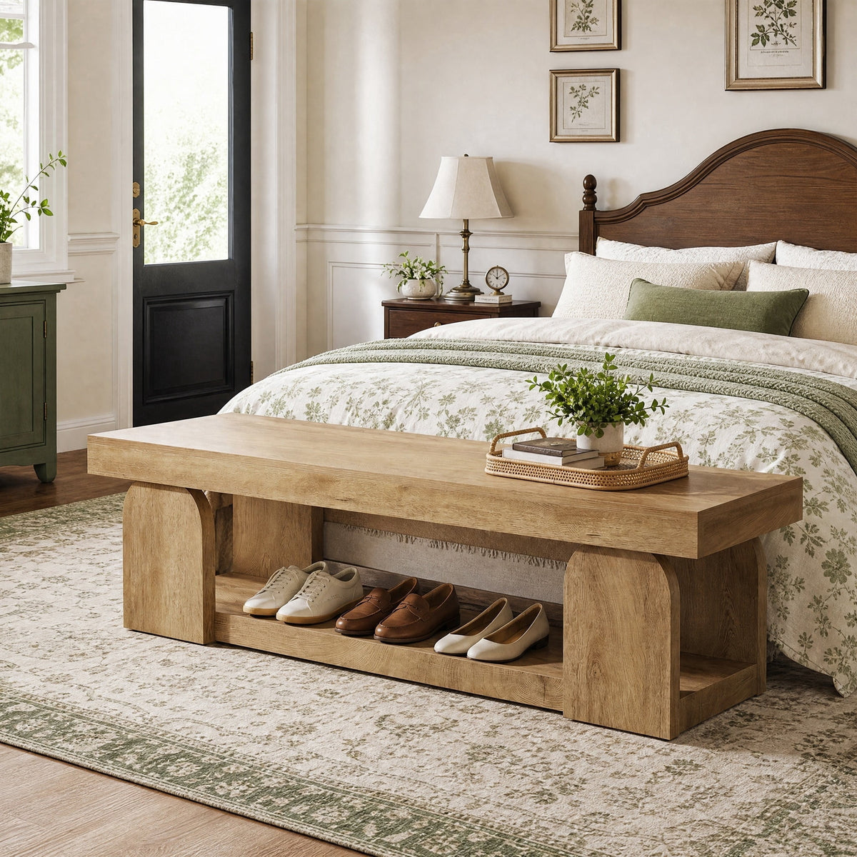 Fnova 63" Long End of Bed Bench with Storage Shelf, Farmhouse Entryway Bench for Bedroom, Hallway, Foyer, Brown
