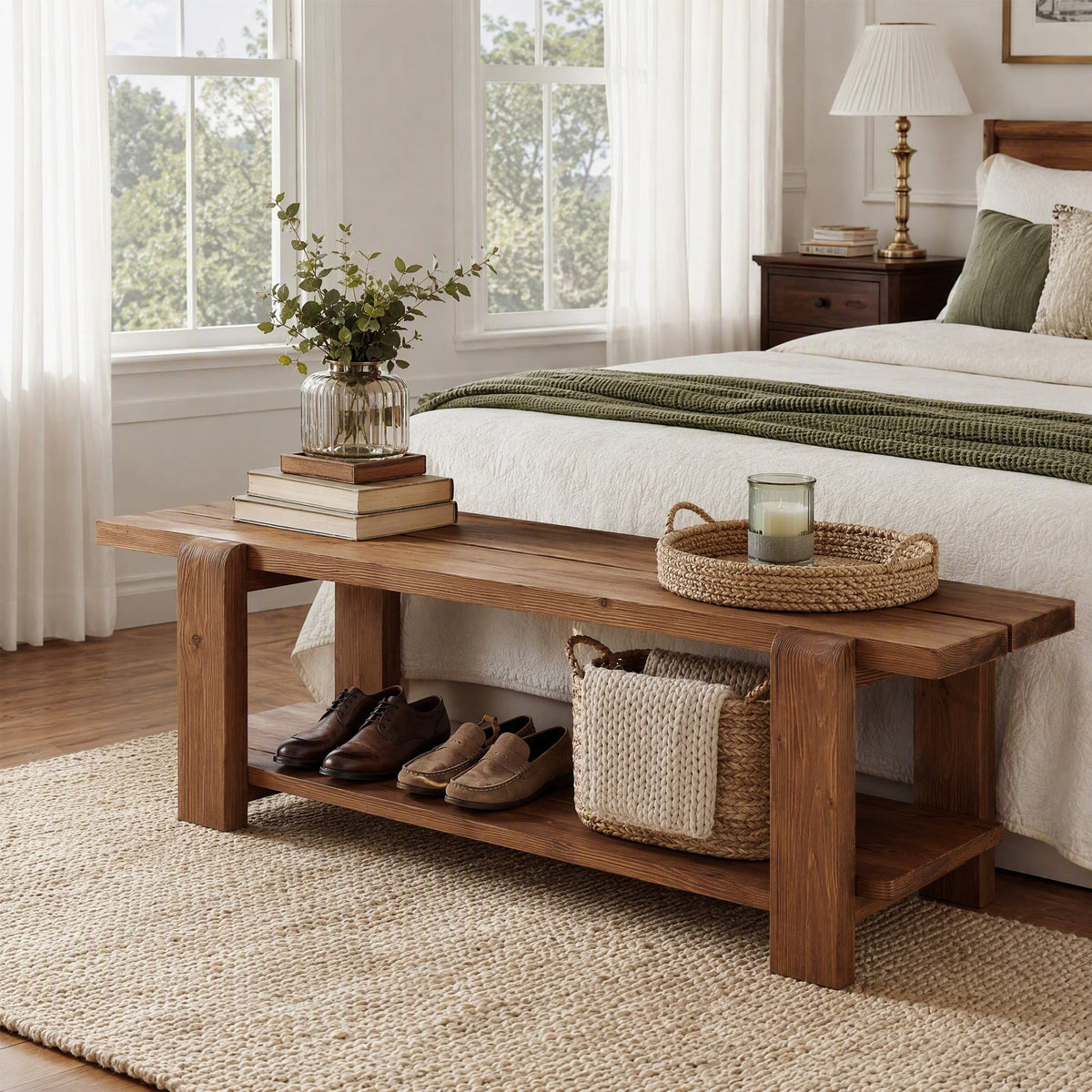Fnova 63" Long Solid Wood End of Bed Bench with Storage Shelf, Farmhouse Entryway Bench for Living Room, Brown