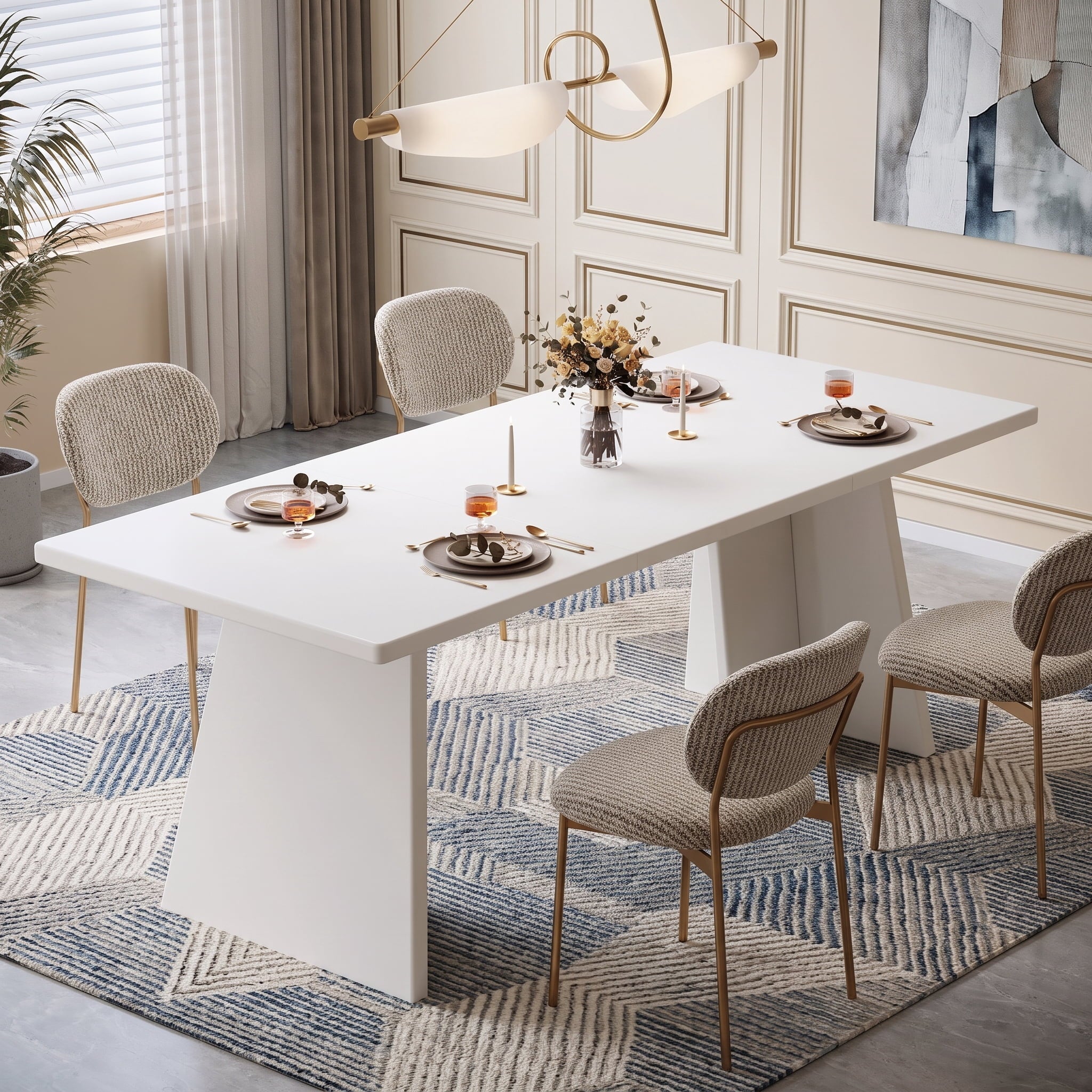 Fnova 63" Modern Dining Table for 4-6, Large Rectangle Kitchen Table with Double Robust Pedestal, Wooden Eating Furniture, White