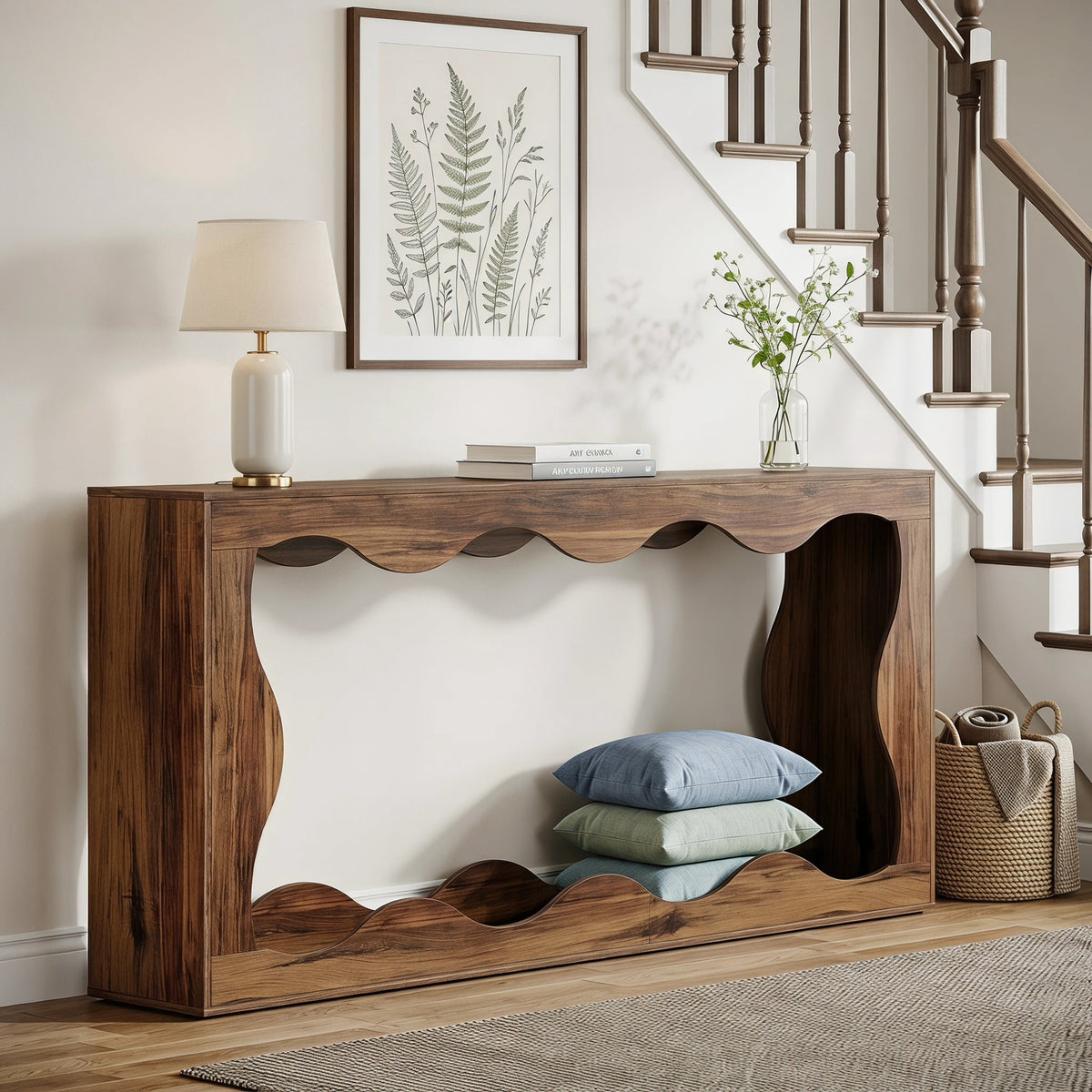 Fnova 63" Scalloped Console Table with Storage, Long Sofa Table Behind Couch, Farmhouse Entryway Table for Hallway, Living Room, Foyer, Rustic Brown