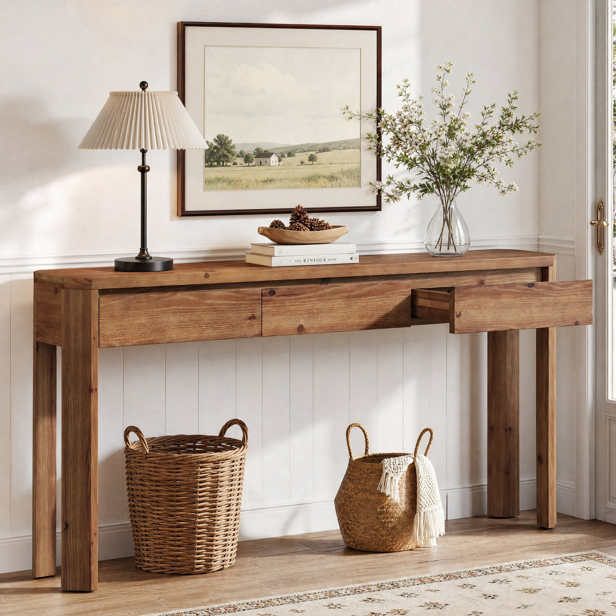 Fnova 63" Solid Wood Console Table with 3 Drawers, Farmhouse Long Entryway Table with Rounded Corners, Sofa Table Behind Couch, Brown
