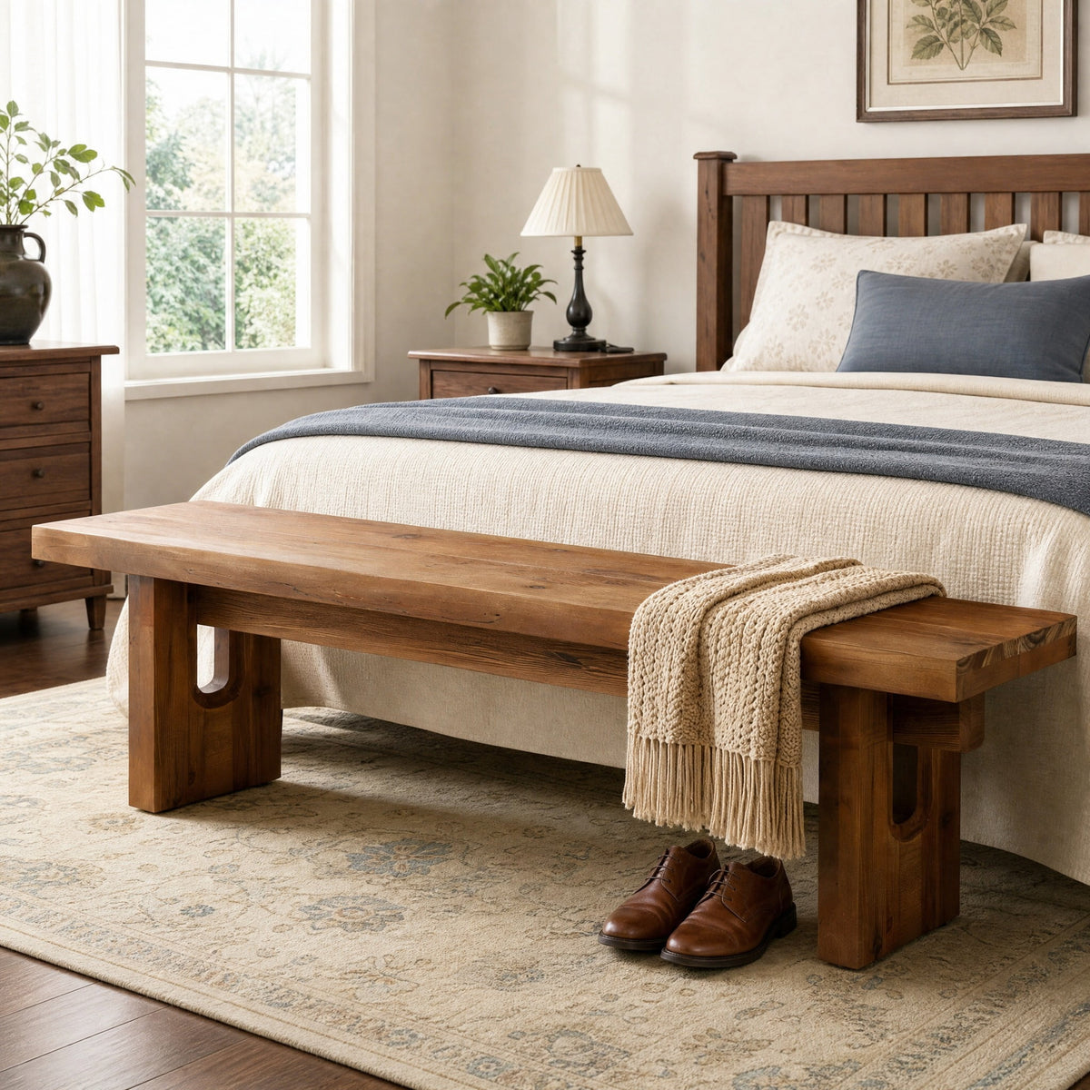 Fnova 63" Solid Wood Entryway Bench, Farmhouse End of Bed Seating, Extra Long Dining Bench for Kitchen Table, Brown
